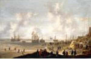 Dutch Soldiers On The Beach At Scheveningen Firing At Spanish Ships by Willem van Diest