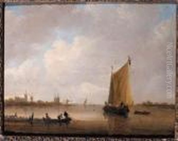 Fishermen Hauling In Their Nets In A River Estuary, A Smalschipnearby, A Town Beyond - view 1