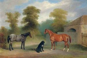 A chestnut hunter with a roan pony and dog before a stable by Claude L. Ferneley