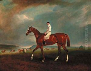 A chestnut racehorse with jockey up, with horses exercising beyond by Claude L. Ferneley