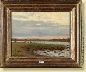 Huilesur Panneau "crepuscule Sur L'etang by Emile Van Doren