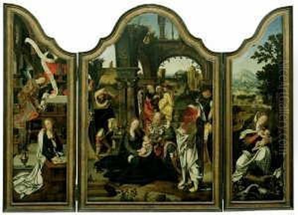 Triptychon. Mittelbild: Die
Anbetung Der Konige. Linker Seitenflugel: Maria Verkundigung. Rechter
Seitenflugel: Die Ruhe Auf Der Flucht Nach Agypten. - view 1