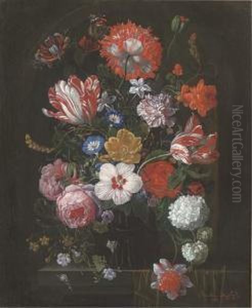 Roses, Tulips, Irises And Other Summer Flowers In A Vase On Aledge - view 1