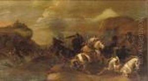 A Cavalry Skirmish In A Rocky Landscape