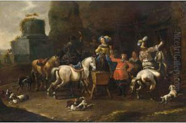 A Merry Hunting Party Resting Near An Inn With Hounds In The Foreground - view 1