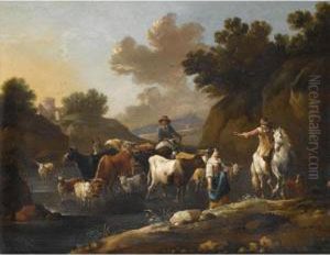 Pastoral Landscape With Horses Sheep And Cattle In A Stream by Simon Johannes van Douw