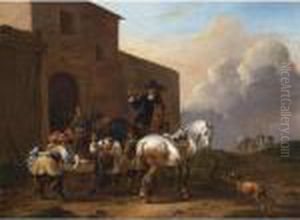 A Farrier At Work Outside A Blacksmith's Shop, Together With Horsemen Waiting And A Dog