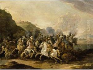 A Calvalry Battle Scene Between Turkish And Christian Soldiers by Simon Johannes van Douw