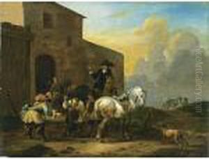 Horsemen With Their Horses At A Forge Together With A Dog by Simon Johannes van Douw