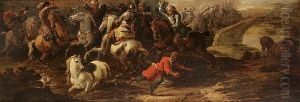 A Cavalry Skirmish Between Turks And Christians, A Bridge Over A River Beyond by Simon Johannes van Douw