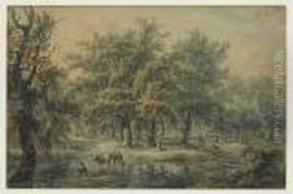 Paysage De Sous Bois Avec Animaux, Paysans Et Fermes - view 1