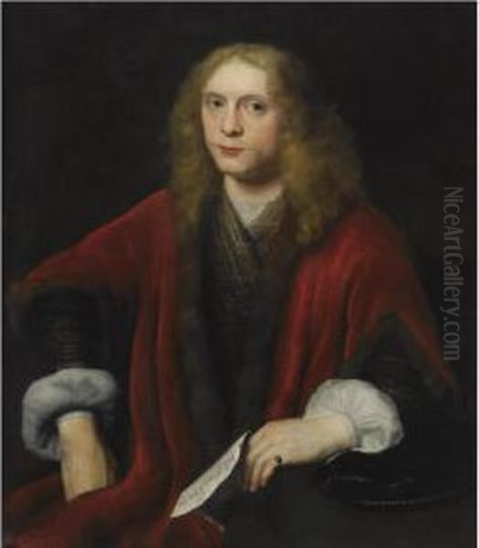 Portrait Of A Gentleman, 
Probably Johannes Van Zell (born Circa1620), Seated Half-length, Wearing
 A Gold Embroidered Waistcoat Anda Crimson Fur-trimmed Coat, Holding A 
Letter - view 1