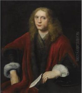Portrait Of A Gentleman, 
Probably Johannes Van Zell (born Circa1620), Seated Half-length, Wearing
 A Gold Embroidered Waistcoat Anda Crimson Fur-trimmed Coat, Holding A 
Letter