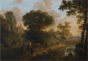 An Italianate Wooded Landscape
With Shepherds Herding Their Flock And Cattle On A Path Near A Ruined
Tower, A View Of A Village Beyond by Abraham van Dijck