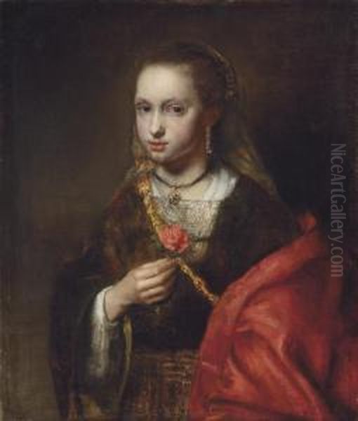 Portrait Of A Lady, Half-length, In A Black Dress And Red Shawl, Holding A Flower - view 1