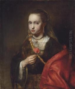Portrait Of A Lady, Half-length, In A Black Dress And Red Shawl, Holding A Flower