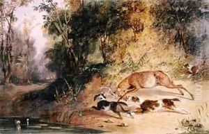 Deerhound and Bitch Cornering a Stag at the Edge of a Woodland Pool by Newton Fielding