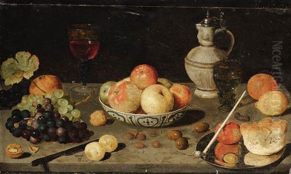 Grapes, Olives, Walnuts,
Hazelnuts, An Orange, A Lemon, A Pomegranate, A Roemer, A Stoneware Ewer - view 1