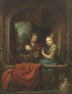 An Elegant Couple Making Music On A Balcony, A Landscapebeyond