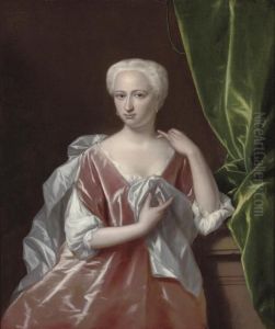 Portrait Of A Lady, 
Three-quarter-length, In A Pink Dress And Grey Mantle, By A Plinth, A 
Green Curtain Draped To Her Left