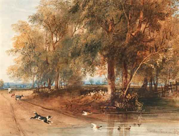 A woodland scene with a dog chasing ducks - view 1