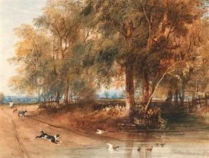A woodland scene with a dog chasing ducks by Newton Fielding