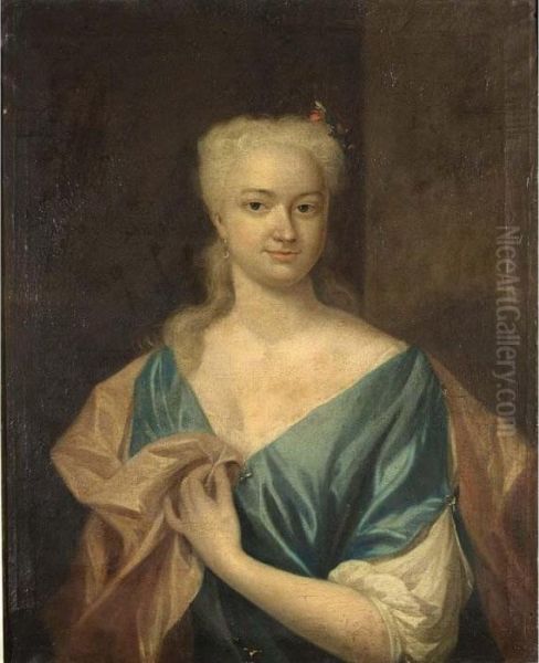 A Portrait Of Sara Louise De
Laignier, Half Length, Wearing A Blue Dress With White Sleeves And A
Pink Shawl - view 1