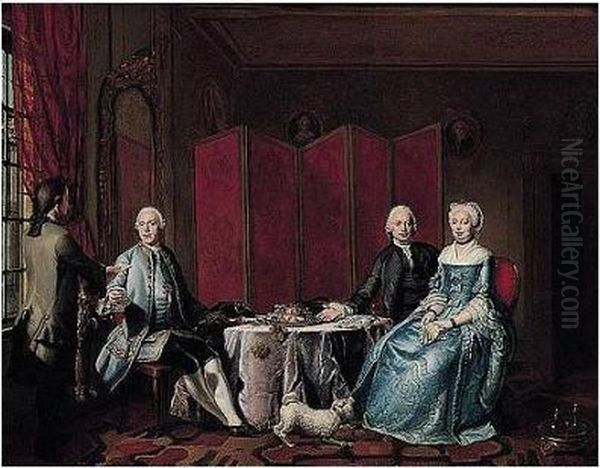 A Domestic Interior With Elegant
Figures Seated Around A Table, A Servant Bringing A Letter To His
Master - view 1