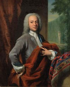 Portrait Of A Gentleman, Small
Three-quarter-length, In A Greycoat, Holding An Orange Cloak, Resting
His Left Arm On A Turkishrug, An Ornamental Garden Beyond; And Portrait
Of A Lady, Seatedsmall Three-quarter-length, In A Green Dress With A
Pink by Philip Le Petit Van Dyk