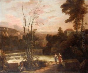 An Extensive Italianate
Landscape With Two Women Walking On A Path And A Fisherman Resting On A
Stone In The Foreground. An Extensive Italianate
Landscape With Two Women Walking On A Path And A Fisherman Resting On A
Stone In The Foreground.