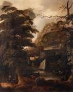 A Wooded River Landscape With A Couple On A Track, Bathers On Abank Beyond
