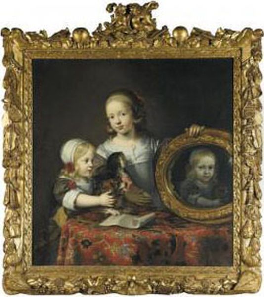 A Portrait Of Two Young Girls
Standing Behind A Table Draped With A Carpet, One Holding A Doll And
Mirror, The Other Holding A Small Dog Barking At Its Reflection In The
Mirror - view 1