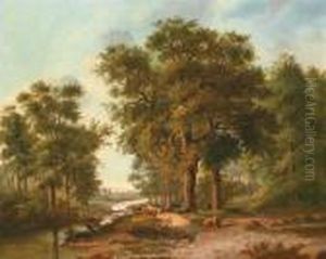 Woodlandlandscape With A Stream And Grazing Cattle by Hendrik D. Kruseman Van Elten