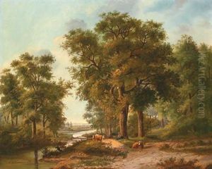 Bewaldete Landschaftmit Einem Flusschen Und Weidendem Vieh Bewaldete Landschaftmit Einem Flusschen Und Weidendem Vieh