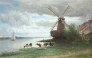 Cattle Watering Before A Windmill by Hendrik D. Kruseman Van Elten
