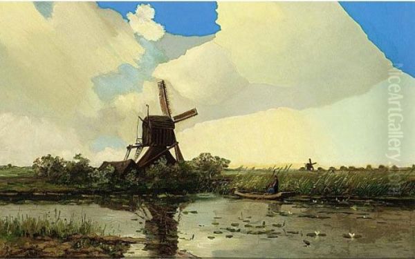 A Windmill And Anglers In A Polder Landscape - view 1