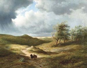 After The Storm: Travellers On A Path In An Extensive Undulatinglandscape by Hendrik D. Kruseman Van Elten
