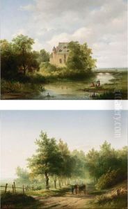 A Peasant On A Country Road; A Castle By A River (a Pair) by Hendrik D. Kruseman Van Elten