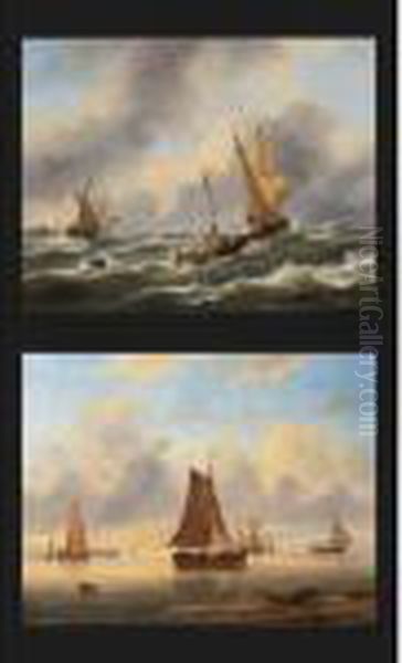 Sailing Vessels On A Choppy Sea; Shipping In A Calm At Sunset (a Pair) - view 1
