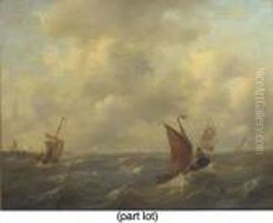 A Rough Sea With A Dutch Hoy Leaving Port, A Threemaster On The Horizon by Govert Van Emmerik