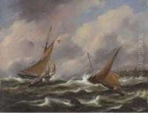Dutch Fishing Vessels Off A Jetty In Stormy Seas by Govert Van Emmerik