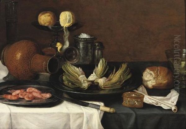 Artichokes And Shrimps On Pewter
Plates, An Earthenware Jug, A Knife, A Peeled Lemon And An Orange On A
Tazza, A Salt-cellar And Other Objects On A Draped Table - view 1