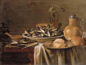 Mussels In A Porcelain Bowl, A 
Stoneware Flagon, A Roemer And A Bread Roll On A Partially-draped Table
