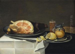 Still Life With A Leg Of Ham On A
 Pewter Plate Together With A Lemon And Apple And A Glass Of Ale by Jacob Fopsen van Es