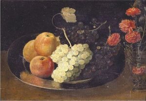 Still Life With Grapes And Apples On A Pewter Plate And A Glass With Carnations by Jacob Fopsen van Es