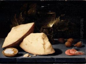 Still Life Of Cheese, A Roemer 
Of Wine, A Walnut, Hazelnuts And Two Shrimps On A Table-top by Jacob Fopsen van Es