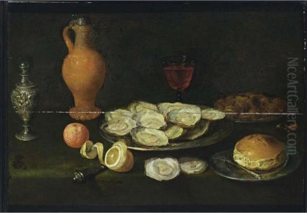 A Still Life With Oysters,
Chestnuts, And A Roll Together With A Fork, All On Pewter Plates, A Half
Peeled Lemon, A Bitter Orange, A Glass Of Wine, An Earthenware Jug With
A Pewter Lid And Silver Pepperbox, All On A Table Draped With A Green
Cloth - view 1