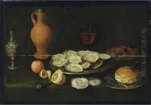 A Still Life With Oysters, 
Chestnuts, And A Roll Together With A Fork, All On Pewter Plates, A Half
 Peeled Lemon, A Bitter Orange, A Glass Of Wine, An Earthenware Jug With
 A Pewter Lid And Silver Pepperbox, All On A Table Draped With A Green 
Cloth