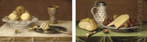 Lemons In An Earthenware Dish, A
 Silver Gilt Goblet, A Pewter Plate On A Draped Table; And An 
Earthenware Tankard, A Bread Roll, A Pewter Dish Of Hazlenuts And Cheese
 On A Draped Table - view 1