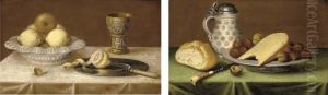 Lemons In An Earthenware Dish, A
Silver Gilt Goblet, A Pewter Plate On A Draped Table; And An
Earthenware Tankard, A Bread Roll, A Pewter Dish Of Hazlenuts And Cheese
On A Draped Table by Jacob Fopsen van Es